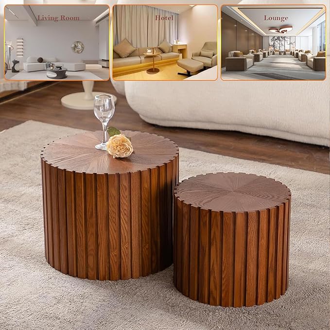 Handcraft Round Nesting Coffee Table - Chic Wave Stripe Edge, Modern Stylish Walnut Wooden Circle Fluted Center Table for Living Room (18.9in+15in)