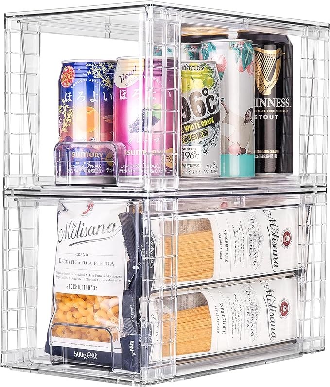 1Pack Large Stackable Kitchen Storage Drawers, Clear Foods Organizer Bins with Handles, Easily Assemble for Bathroom, Kitchen, Pantry, Cabinet, Closet(XL-Down Handle)-NeatNest