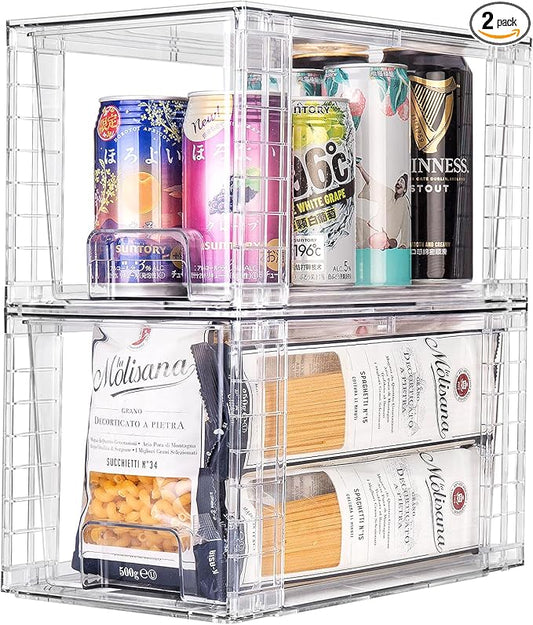 2Pack Large Stackable Kitchen Storage Drawers, Clear Foods Organizer Bins with Handles, Easily Assemble for Bathroom, Kitchen, Pantry, Cabinet, Closet(XL-Down Handle)-NeatNest