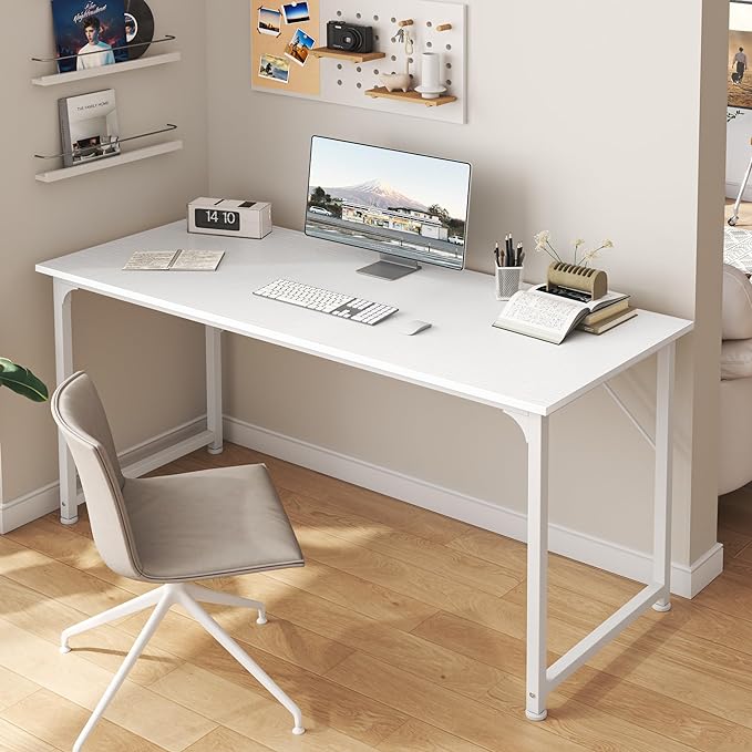 Huuger Computer Desk, 55 Inch Home Office Desk, Gaming Writing Work from Home Study Desk, Large Legroom, Sturdy Metal Frame, Modern Simple, White-NeatNest