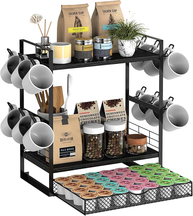 Coffee Bar Organizer, 3 Tier Station for Countertop, Mug Cup Holder Stand With 28 K Cup Storage and 12 Hooks for Kitchen, Home & Office, Black-NeatNest