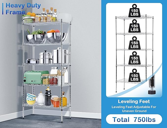 5-Tier Metal Wire Shelving Unit Snack Shelf Height Adjustable Storage Rack NSF Certified Storage Shelves 750 Lbs Capacity Standing Utility Shelf for Laundry Kitchen Pantry Garage Organization