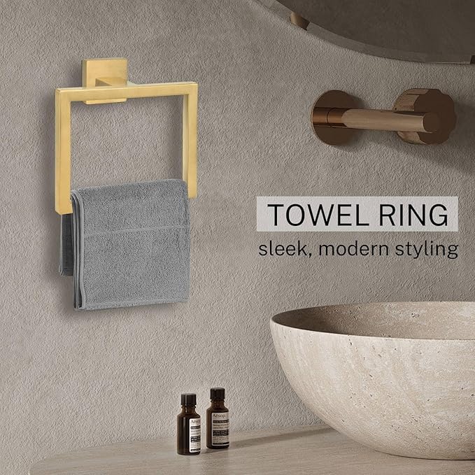 2-Piece Brushed Gold Square Towel Ring,Hand Towel Holder,SUS304 Stainless Steel Modern Towel Holder Wall-Mounted Bathroom Towel Ring
