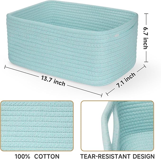 3-Pack Storage Baskets for Organizing | Woven Shelf Toy Basket | Rope Baskets for Gifts Empty | Closet Organizer Bins with Handles | Cube Decorative Box | 13.7×7.1×6.7” | Light Blue-NeatNest