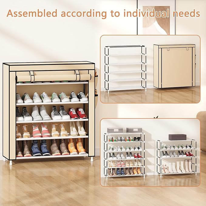 Laiensia 5-Tier Vertical Shoe Rack Organizer, Space Saving Shoe Storage Organizer, Non-Woven Cover Shoe Shelf Holds 20-25Pairs for Bedroom, Hallway, Closet Entryway, Beige-NeatNest