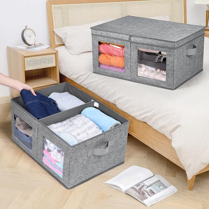 Univivi Large Foldable Fabric Storage Bins with lids [2-Pack] Collapsible Closet Storage Box for Clothes, Closet Organizer with Handles, Storage Cube Basket for Home, Bedroom (Grey, 24" x17" x 12")-NeatNest