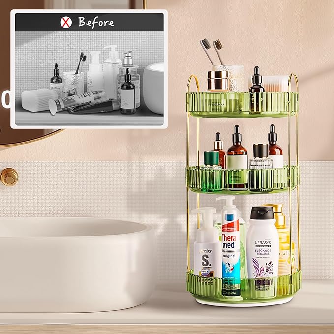 360 Rotating Makeup Organizer - Large Capacity Spinning Perfume & Cosmetic Skincare Holder for Vanity & Countertop (Gem Green, 3 Tier)-NeatNest
