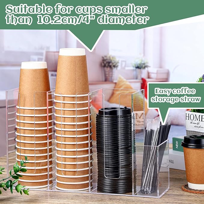 4 Compartments Acrylic Coffee Cup and Lid Storage Organizer Holder Disposable Paper Cup Dispenser Organizer Plastic Lid Holder Accessories for Kitchen Bar Shop Party Supplies(Transparent)