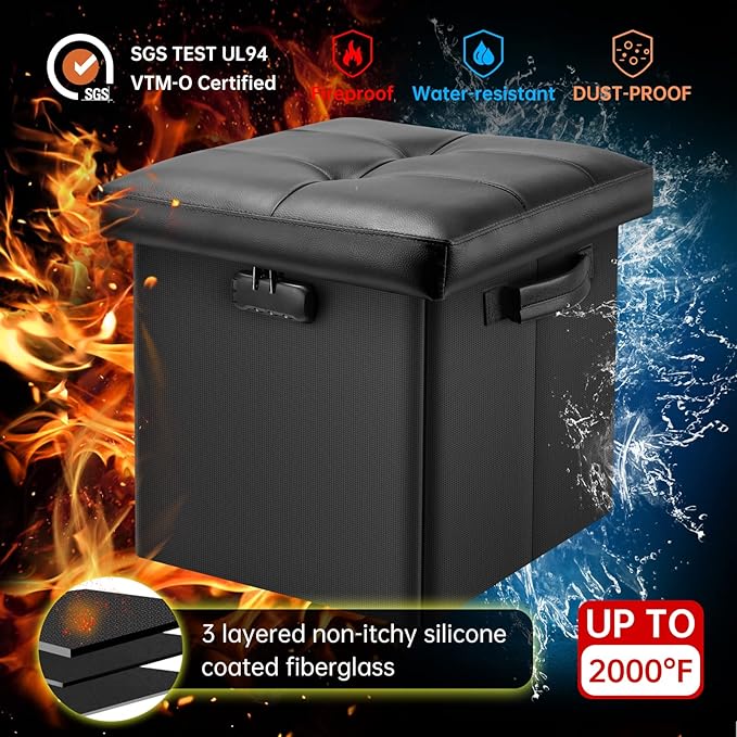 DocSafe Storage Ottoman with Lock,Fireproof Folding Ottoman Foot Rest Stool Storage Chest with Storage Safe for Important Documents,Waterproof 13 Inches Short Ottoman Foot Stool with Handles,Black-NeatNest
