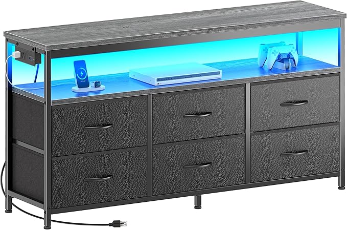 Huuger LED TV Stand for Bedroom, 47 Inch Dresser TV Stand for 43, 50, 55 Inch TV, Grey Black TV Stand with Storage, Entertainment Center with Power Outlets, 6 Drawer Fabric Dresser for Living Room-NeatNest