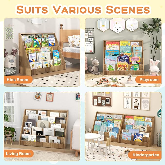 Costzon 5-Tier Kids Bookshelf, Wooden Children Bookcase, Toddler Book Rack, Magazine Storage & Display Shelf, Book Shelf for Kids Room, Living Room, Nursery, Classroom (Natural)-NeatNest