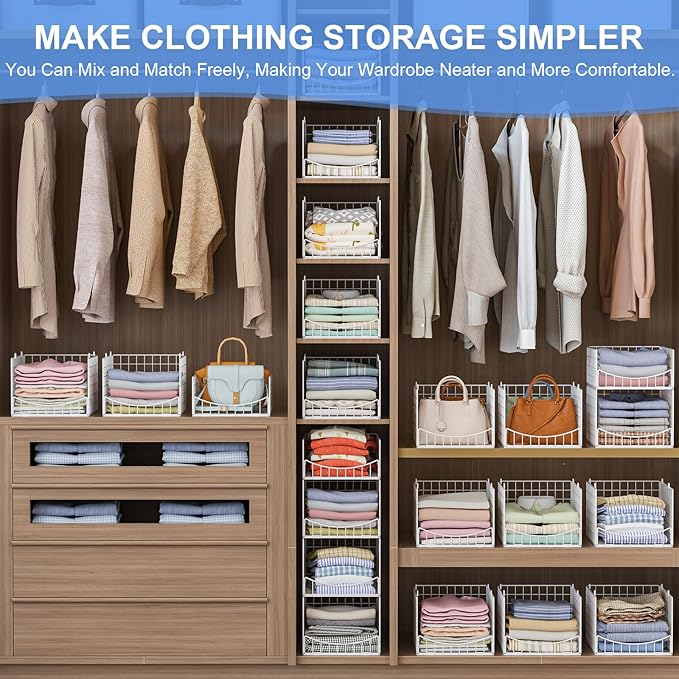 4-Tier Stackable Closet Organizers and Storage Shelves, Clothes Storage Basket Sweater Organizer Bins Container for Wardrobe Kitchen Bathroom Office, White