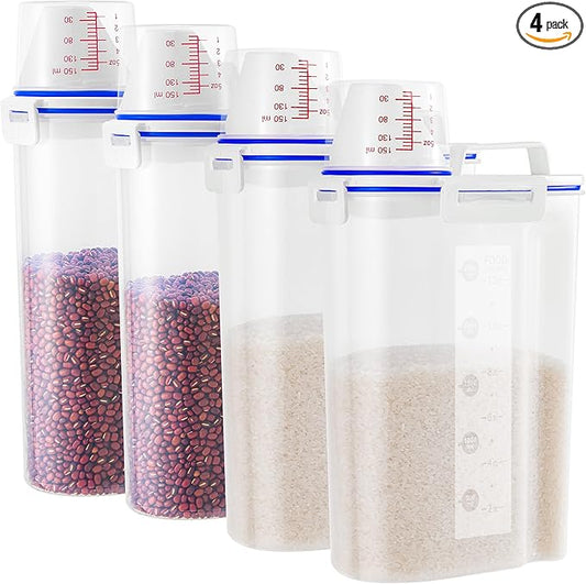 4 Pcs Set Rice Storage Container 5.5lb, Rice Dispenser with Measuring Cup & Pour Spout for Flour Pasta Grain Pet Dog Cat Bird Food Storage Container-NeatNest