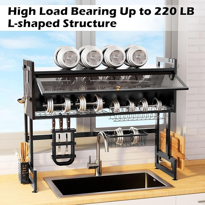 Over The Sink Dish Drying Rack, 3 Tier Over The Sink Dish Drainer Drying Rack with Cover for for Dishes, Glasses, Bowls and Cutlery, Dish Drainers Organizer for Kitchen Counter Storage