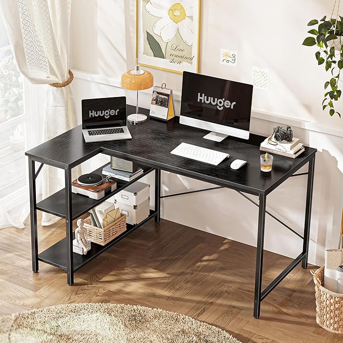 Huuger L Shaped Desk, 47 Inches Computer Desk with Reversible Storage Shelves, Gaming Corner Home Office Writing Study with Metal Frame, Black-NeatNest