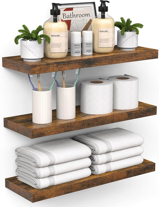 BAYKA Bathroom Floating Shelves for Wall – Bathroom Shelf Over Toilet Farmhouse Rustic Wood for Bedroom, Kitchen, or Living Room Decor Organization – Rustic Brown, Set of 3, Storage with 22lb Capacity-NeatNest