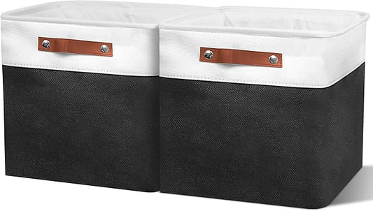 13in Open Fabric Storage Basket with Leather Handles for Organizing, Collapsible Linen Closet Bins for Shelves, Closets, Laundry, Decorative Basket for Gifts. (White＆Black, 2PCS/13x13in)-NeatNest