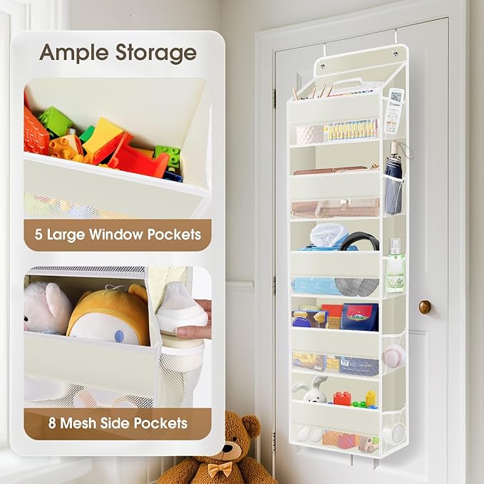 1 Pack Over The Door Organizer, Hanging Storage Organizer with Clear Window, 40lb Ultra Sturdy Large Capacity Room Organizer for Pantry Bathroom Nursery Closet Baby Essential (Beige)-NeatNest