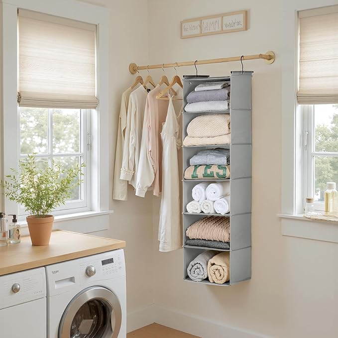 GRANNY SAYS 6 Shelf Hanging Closet Organizers and Storage, Collapsible Closet Hanging Organizer with 2 Sturdy Hooks, Large Hanging Shelves for Kids Baby Clothing Organizer, Ash Gray-NeatNest