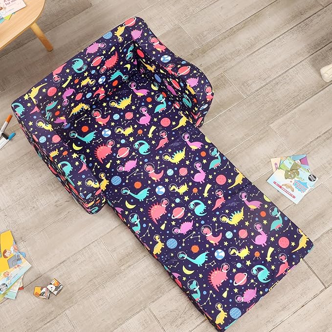 Dinosaur Kids Sofa, 2-in-1 Kids Couch Fold Out, Convertible Sofa to Bed for Girls and Boys-NeatNest