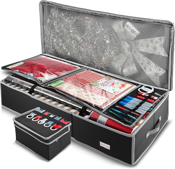 Hearth & Harbor Wrapping Paper Storage Container with Ribbon Storage Organizer - Christmas Storage Bag with Extra Interior Pockets - Gift Wrapping Organizer Storage Fits Up to 26 Rolls of 40" Length-NeatNest
