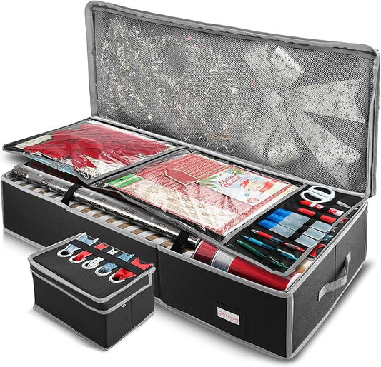 Hearth & Harbor Wrapping Paper Storage Container with Ribbon Storage Organizer - Christmas Storage Bag with Extra Interior Pockets - Gift Wrapping Organizer Storage Fits Up to 26 Rolls of 40" Length-NeatNest