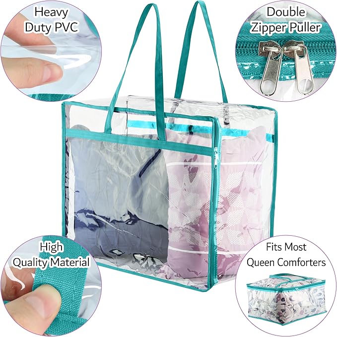 Clear Vinyl Zippered Storage Bags (3-Pack) 40L Sturdy Storage Bags for Sweaters, Blankets, Comforters, Bedding Sets and Much More! (Turquoise, 18x15x9)-NeatNest