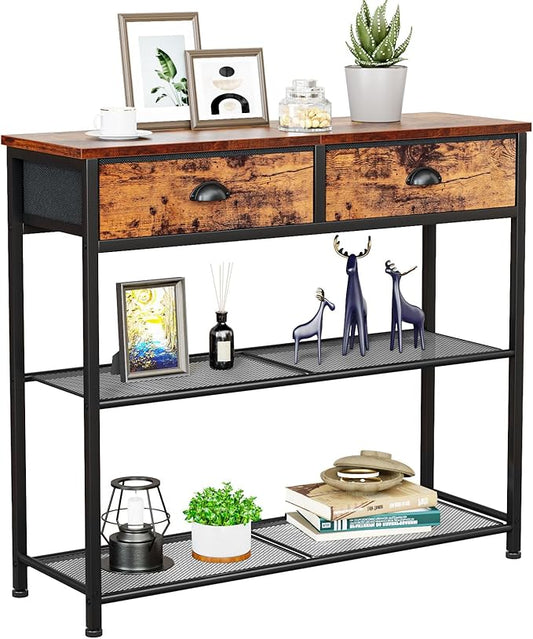 Furologee Console Sofa Table with Storage Shelf for Entry Way, Small 30'' Entryway Table with 2 Fabric Drawers, Industrial Display Shelves for Hallway, Entrance, Foyer, Rustic Brown-NeatNest