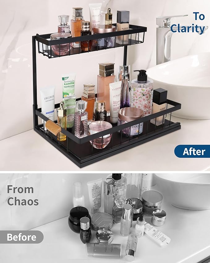 2 Pack Under Sink Organizer,Metal Pull Out Kitchen Cabinet Organizer with Sliding Drawer,Sturdy Multi-Functional for Bathroom Kitchen Organization,Black-NeatNest