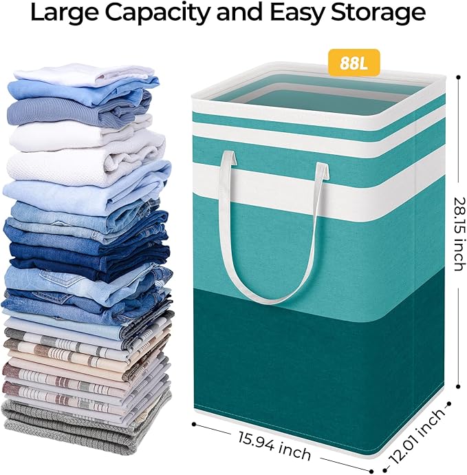 HomeHacks 2-Pack Large Laundry Basket, Waterproof, Freestanding Laundry Hamper, Collapsible Tall Clothes Hamper with Extended Handles for Clothes Toys in the Dorm and Family (Green, 88L)-NeatNest