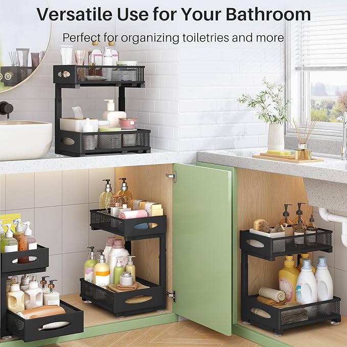Under Sink Organizer, 2 Tier Pull out Cabinet Organizer Baskets with Mesh Sliding Drawers, Slide out Storage Shelf for Home, Kitchen, Bathroom, Pantry, Office Cabinet, Countertop(1 Pack)-NeatNest
