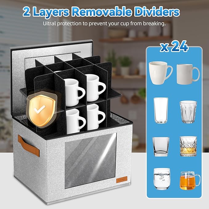 2-Layer Coffee Mug Storage Box with Dividers, Cup Storage Organizer with Zipper Lid and Handles, Stackable China Storage Containers Service for 24 Mugs, Cups and Glasses, Light Grey-NeatNest