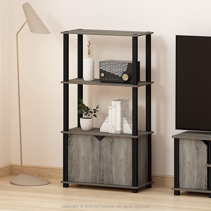 Furinno Brahms 4-Tier Multipurpose Bookcase/Bookshelf/Display Shelf/Display Rack with Door, French Oak Grey/Black-NeatNest