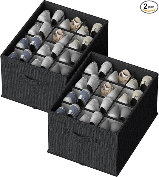 2 Pack Shoe Organizer for Closet,Foldable Shoe Organizer,Fits up to 24 Pairs,Storage Containers With Bottom Support for Shoes (Black, 16.5 * 12.6 * 9.5in)-NeatNest