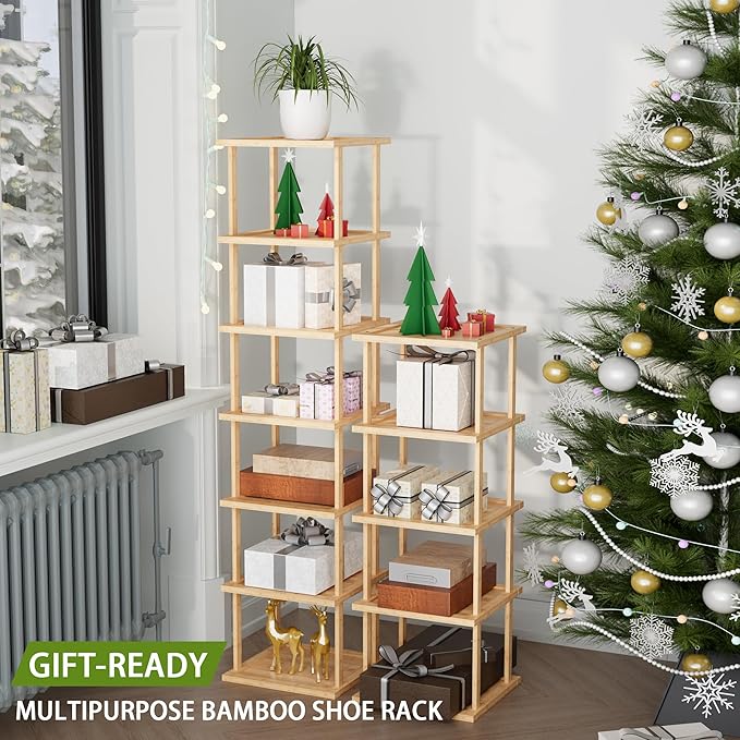 Vertical Tall Shoe Rack Organizer for Entryway -12 Tier Free Standing Slim Narrow Bamboo Wood Corner Stackable Shoe Boots Storage Stand Small Spaces for Closet Garage Cloakroom Living Room (Nature)-NeatNest