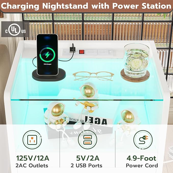VIAGDO White Nightstand Set of 2 with Charging Station and LED Lights, 2 Drawers LED Night Stand with Tempered Glass Tabletop, Modern End Side Tables with Pull-Out Tray, Open Storage Bedside Tables