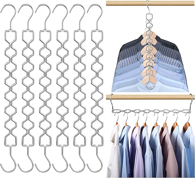 6 Pack Space Saving Hangers for Clothes, Heavy Duty 30Lbs Capacity Magic Collapsible Clothes Space Saver Metal Hanger Organizer with 360° Swivel Hook, Closet Organizers Storage Dorm Essentials Silver-NeatNest