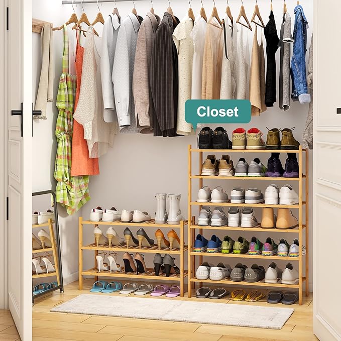 6-Tier Bamboo Shoe Rack for Entryway, Stackable | Foldable | Natural, Shoe Organizer for Hallway Closet, Free Standing Shoe Racks for Indoor Outdoor-NeatNest