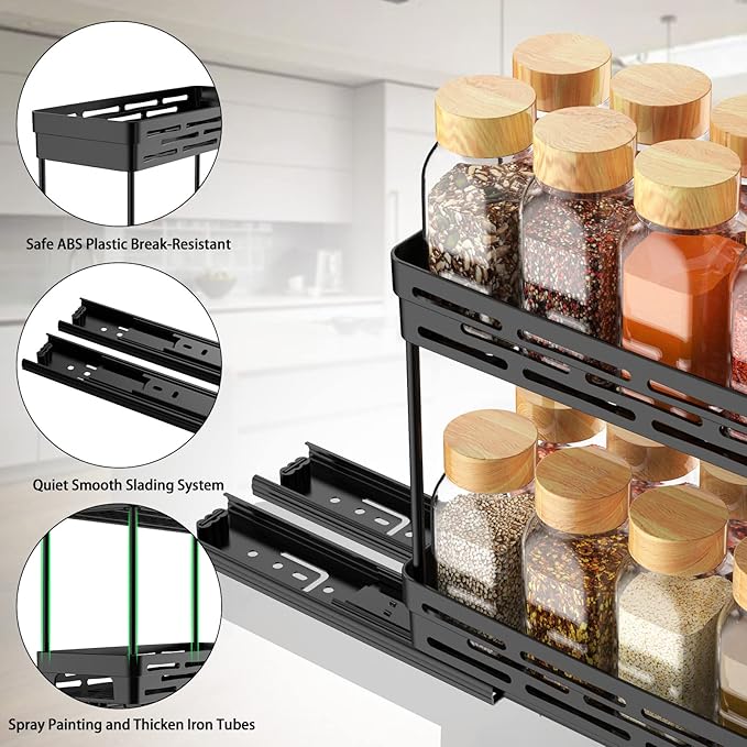 2 Pack Pull Out Spice Rack Organizer for Cabinet, Slide Out Spice Racks Organizer, Spice Cabinet Organizers, Cabinet Size Need:12'' Highx11'' Deepx5'' Wide,Hold 10 Spice Jar Each Tier-2Tier, Black-NeatNest