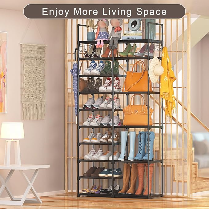 Kottwca 2 Row 10 Tier Tall Shoe Rack Organizer for Closet Entryway, 40-45 Pair Shoe Boot Storage Rack, Metal Shoe Shelf Small Vertical Stackable Shoe Stand for Bedroom Corner-NeatNest