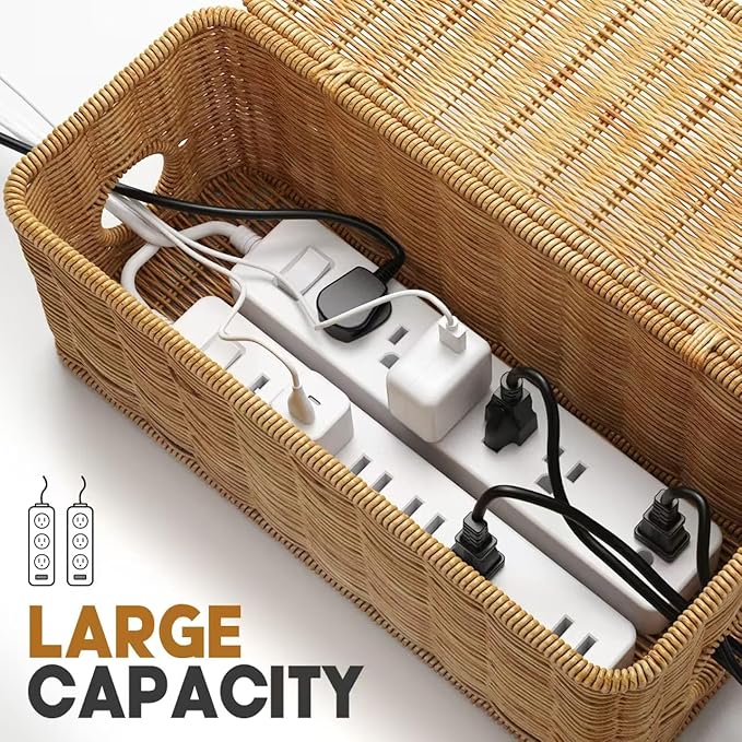 Cable Management Box,2 Open Slots Cord Organizer Hider Box with Lid,2 Pack Handwoven Imitation Rattan Cable Organizer Box for TV Wire Computer Router & Power Strip-A Style(Light Brown)