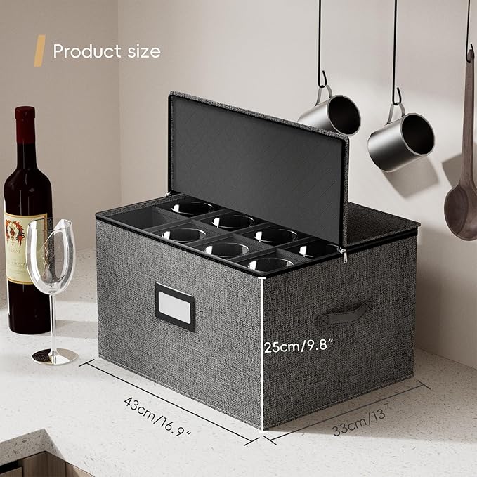 homyfort Wine Glass Storage Box, Stemware Storage Cases with Dividers, Hard Shell China Storage Containers 12 Cells for Long Stem, Collapsible Crystal Glassware Storage (Wine Glass Storage Box)-NeatNest