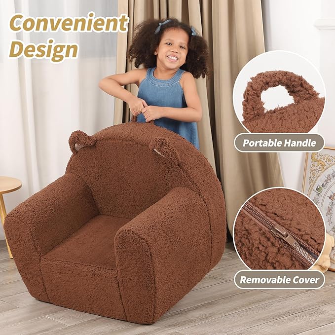 Comfy Toddler Chair, Cuddly Sherpa Teddy Bear Kids Sofa, High Back Kids Reading Chair for Boys and Girls, Brown-NeatNest