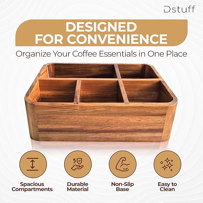Dstuff Acacia Wood Coffee Station Organizer for Countertop, Tea Organizer and Holder, Coffee Bar Caddy with Multiple Compartments for Home and Office Decor-NeatNest