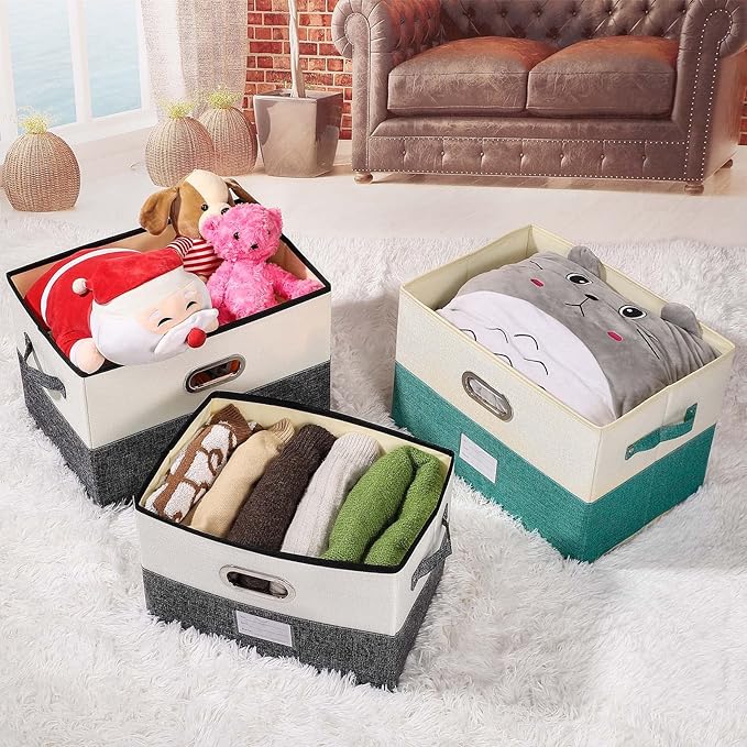 Large Linen Fabric Foldable Storage Bins with Removable Lid and Handles, Washable Storage Box Organizer Containers Baskets Cube with Cover for Bedroom,Closet,Office,Nursery(Grey&Cream, Medium)-NeatNest