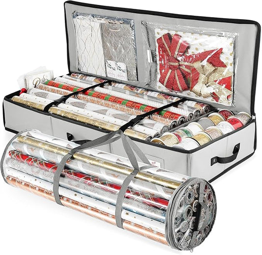Hearth & Harbor Wrapping Paper Storage Container and Clear Wrap Paper Holder - Christmas Storage Bag with Interior Pockets - Fits Up to 36 Rolls of 40" - Tear Proof, Silver-NeatNest