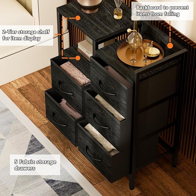 Furnulem 5 Drawer Black Dressers for Bedroom 2 Tier Shelf Storage Small Fabric Dresser for Closet Sturdy Metal Frame Modern Style Storage Cabinets Organization Units for Hallway Rooms-NeatNest