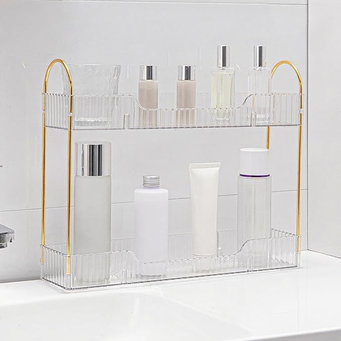 YCIA&DONE 2 Tiers Narrow Vanity Makeup Organizer, Bathroom Organizer Countertop Slim, Perfume Holder Skincare Storage Cosmetic Shelf Spice Rack, for Small Desktop Space, White Clear-NeatNest