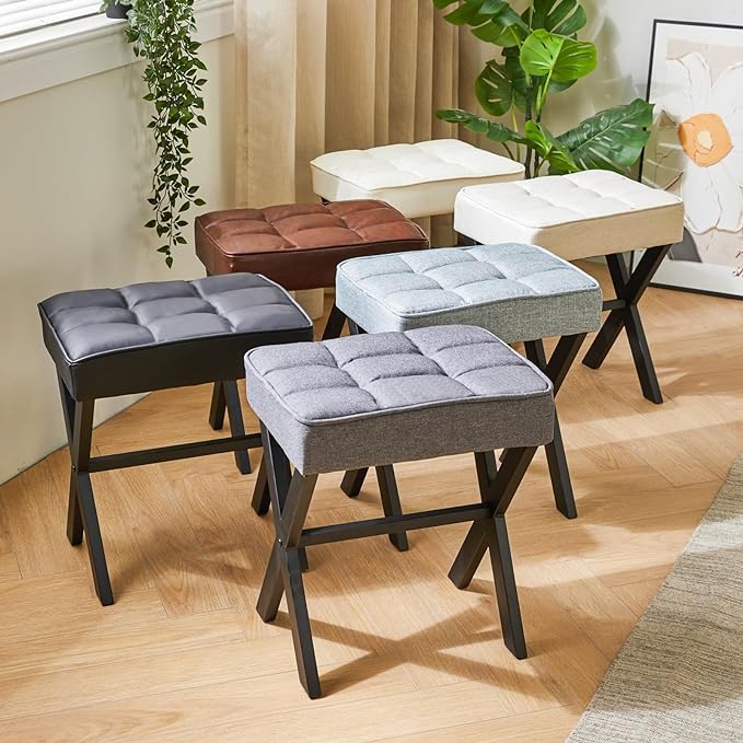 IBUYKE Square Makeup Stool with X-Leg Foot Rest, Linen Footrest, Ottoman Seat, Multi-Use as Small Side Table, for Bedroom, Living Room, Linen LG-70Y