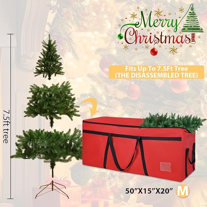 7.5 ft Christmas Tree Storage Bag, Heavy Duty Christmas Tree Bag with Reinforced Handles and Dual Zippers Wide Opening, Large Capacity fits for Artificial Christmas Tree (Red, 7.5 ft)-NeatNest